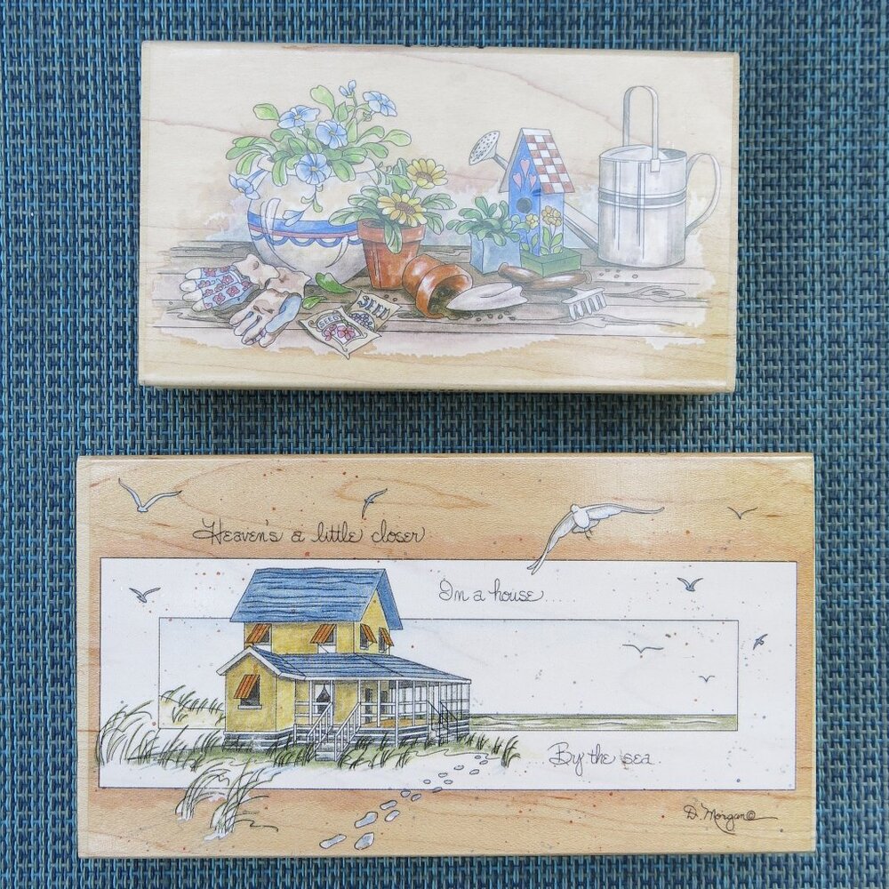 Stamps Happen House By The Sea And Gardening Shelf Wood Rubber Stamps Lot Of 2